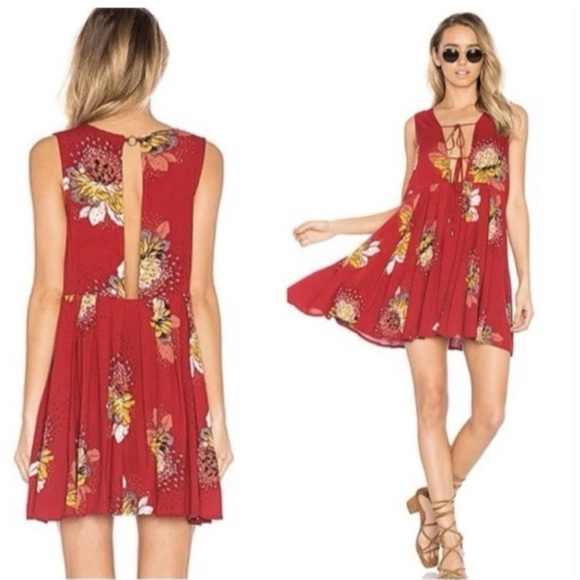 Free People Lovely Day Red Floral Tie Front Tunic Mini Dress S Boho Flowy Boxy - Picture 1 of 9